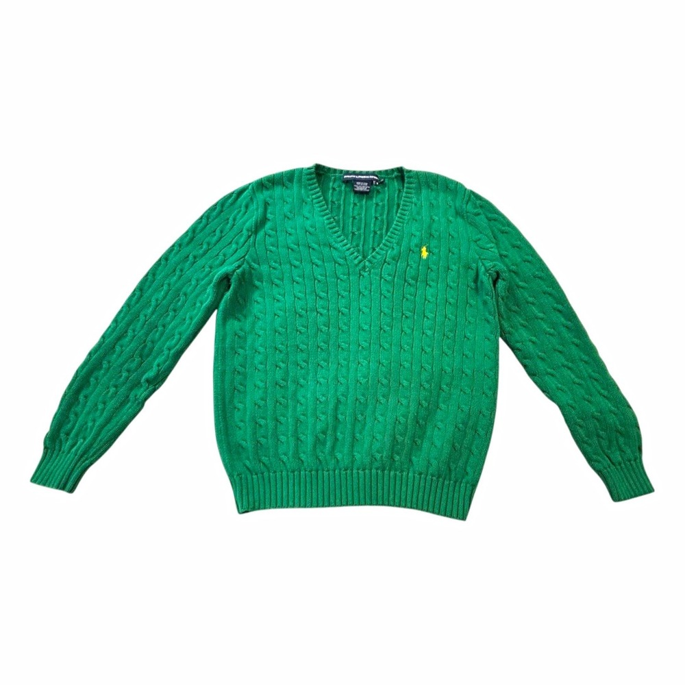 Ralph Lauren Sport Women's XL Green Cable Knit V Neck Pullover Sweater